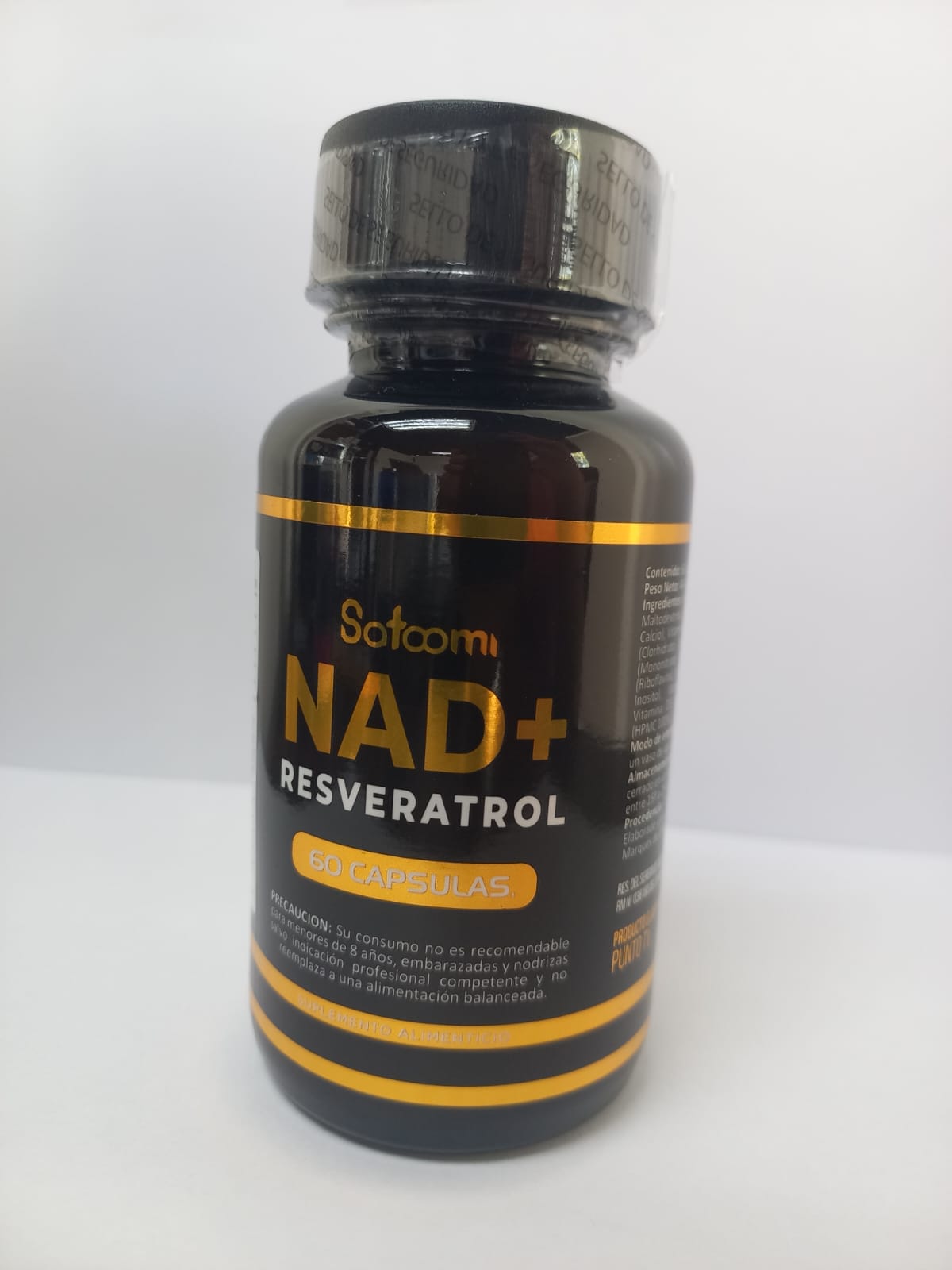 Frasco Satoomi NAD+ Resveratrol 60 cápsulas — etiqueta frontal