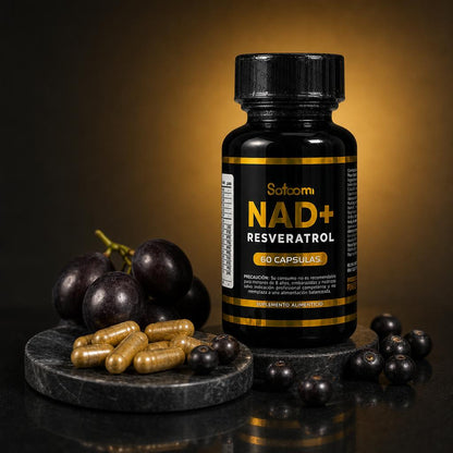 Satoomi NAD+ Resveratrol con uvas, açaí y cápsulas sobre mármol negro