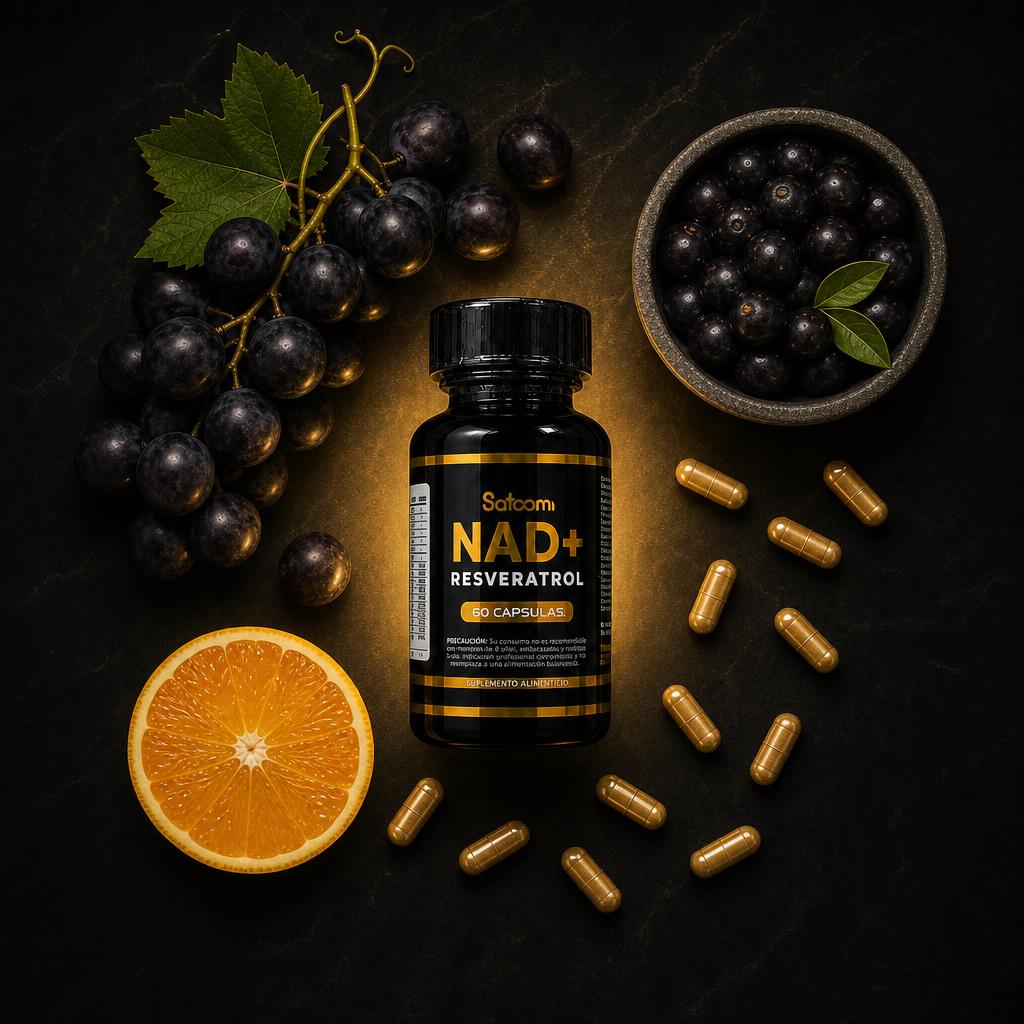 Ingredientes de Satoomi NAD+ Resveratrol: uvas, açaí, vitamina C y cápsulas