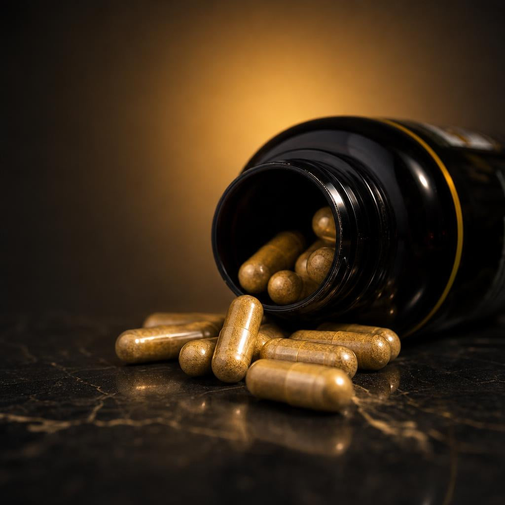 Cápsulas doradas de Satoomi NAD+ Resveratrol saliendo del frasco