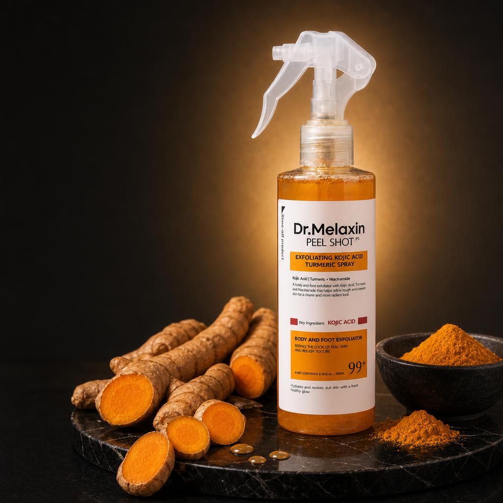 Dr. Melaxin Peel Shot junto a raíces de cúrcuma fresca y polvo dorado